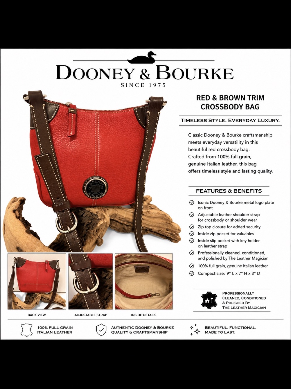 Vintage Y2K Dooney & Bourke Red Pebbled Leather Crossb Shoulder Bag Brown Trim